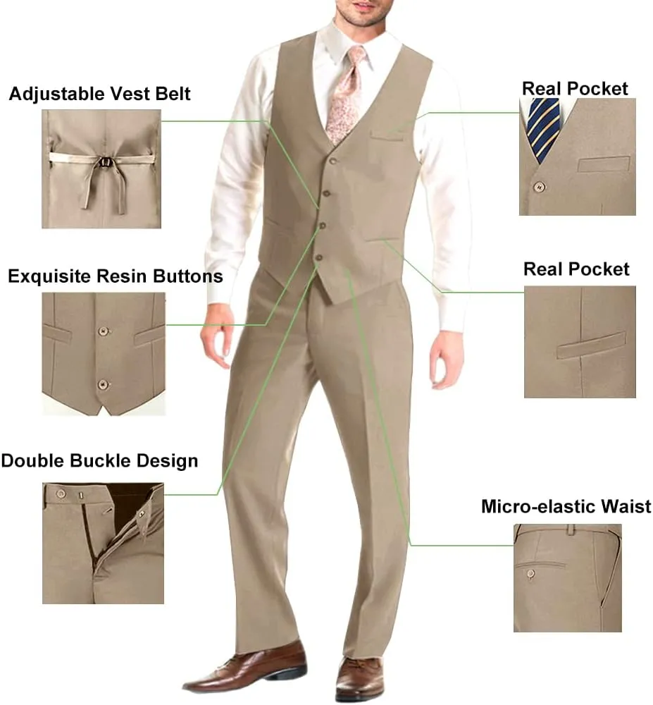 Mens Suit Solid Two Button Slim Fit Suit Set for Wedding Formal Business Suit Men 3 Piece Suit Blazer Vest Pants Set