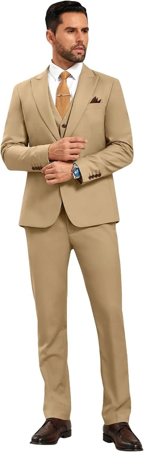 Mens Suit Solid Two Button Slim Fit Suit Set for Wedding Formal Business Suit Men 3 Piece Suit Blazer Vest Pants Set