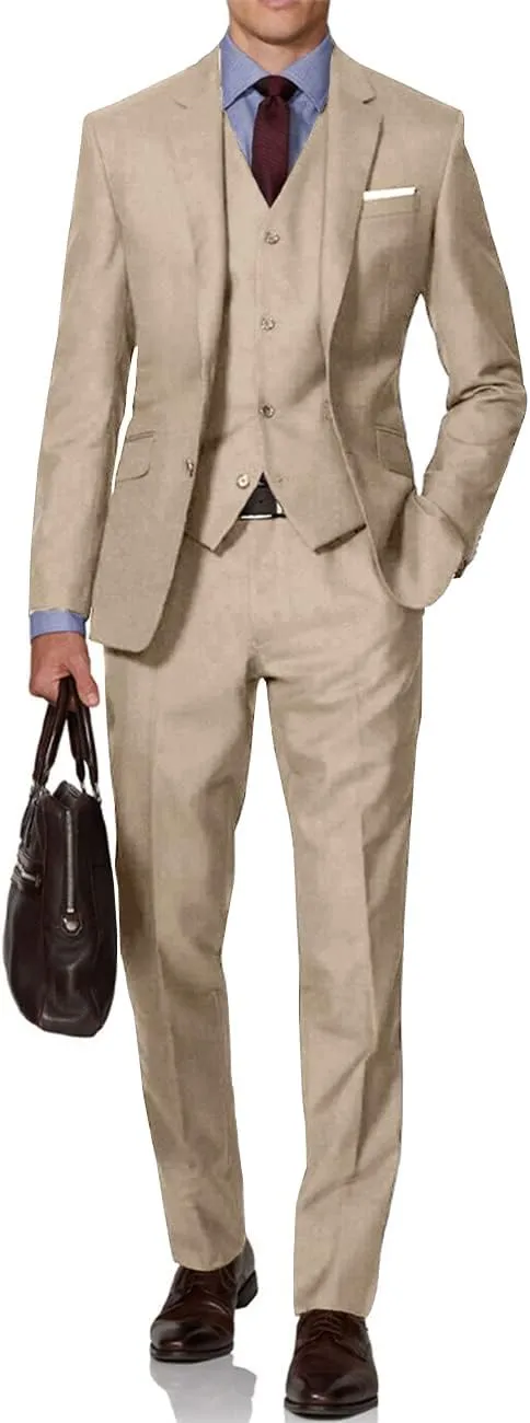 Mens Suit Solid Two Button Slim Fit Suit Set for Wedding Formal Business Suit Men 3 Piece Suit Blazer Vest Pants Set