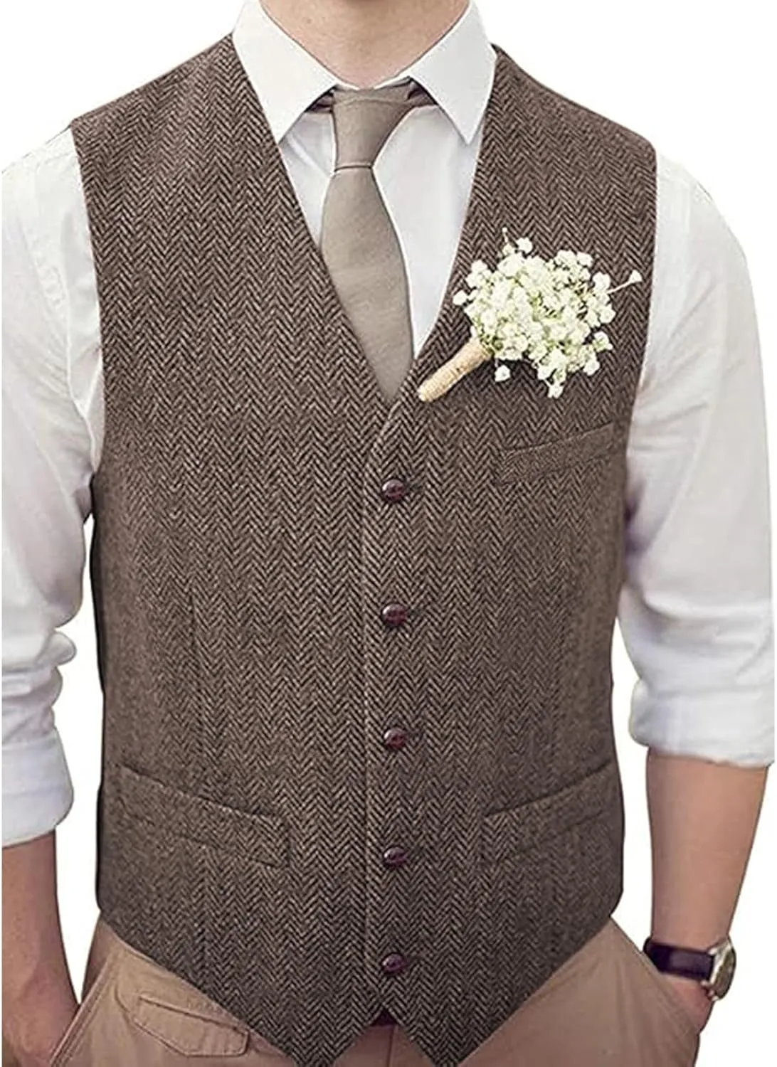 Men's V-Neck Suit Vests Slim Fit Casual Business Formal Herringbone Tweed Wool Waistcoat Wedding Groomsmen Suit Vest