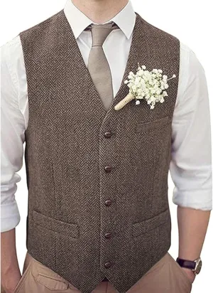 Men's V-Neck Suit Vests Slim Fit Casual Business Formal Herringbone Tweed Wool Waistcoat Wedding Groomsmen Suit Vest