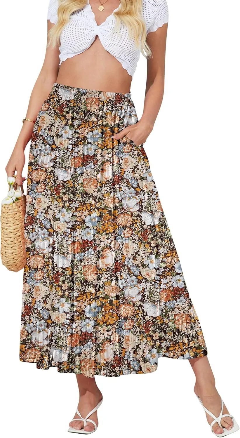 NASHALYLY Women's High Waisted Maxi Skirt,Elastic Chiffon Boho Long Skirt with Pockets
