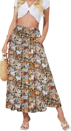 NASHALYLY Women's High Waisted Maxi Skirt,Elastic Chiffon Boho Long Skirt with Pockets
