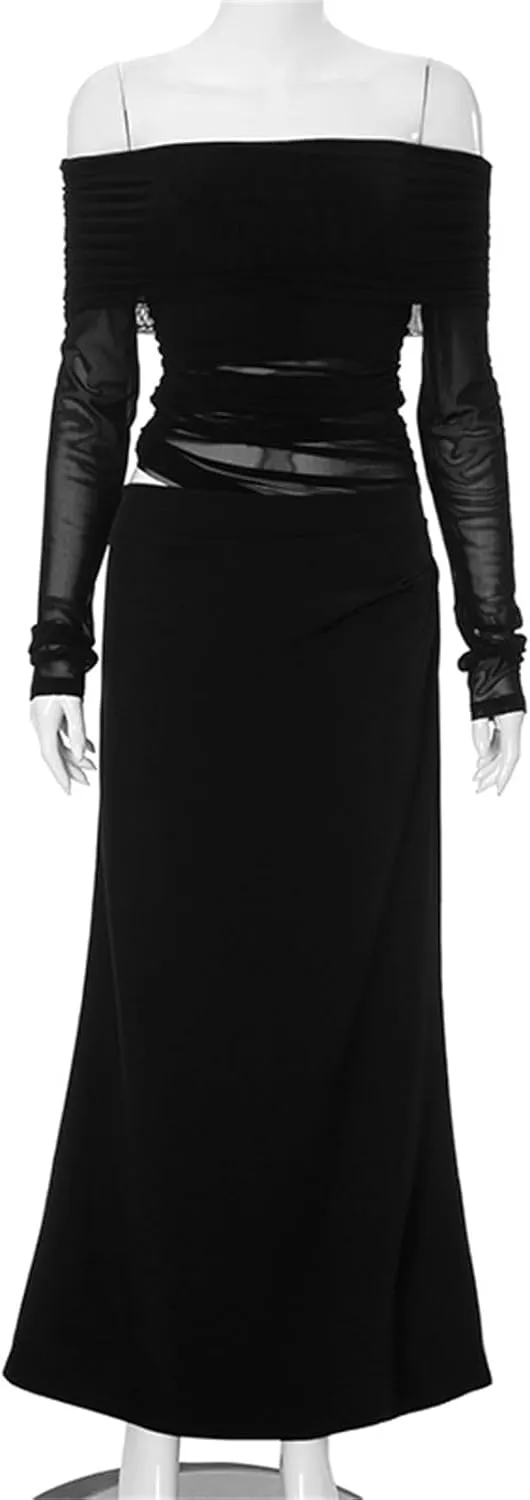 NRTHYE Women Mesh Off Shoulder Dress Sexy See Through Long Sleeve Cut Out Bodycon Elegant Ruched Maxi Dresses