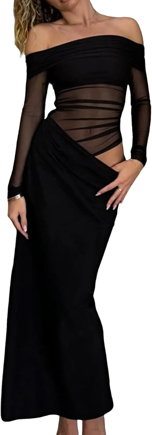 NRTHYE Women Mesh Off Shoulder Dress Sexy See Through Long Sleeve Cut Out Bodycon Elegant Ruched Maxi Dresses