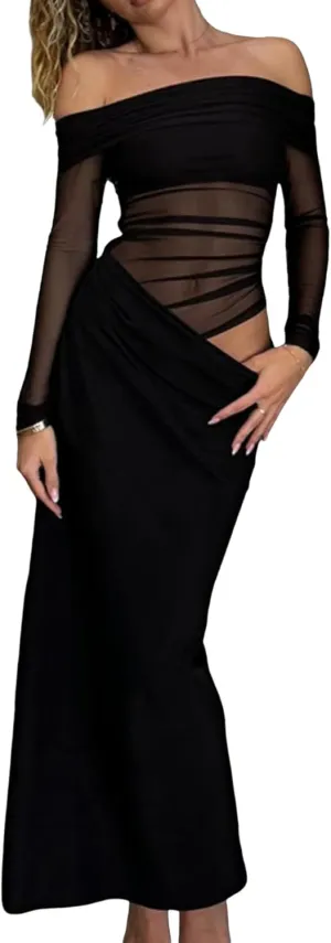 NRTHYE Women Mesh Off Shoulder Dress Sexy See Through Long Sleeve Cut Out Bodycon Elegant Ruched Maxi Dresses