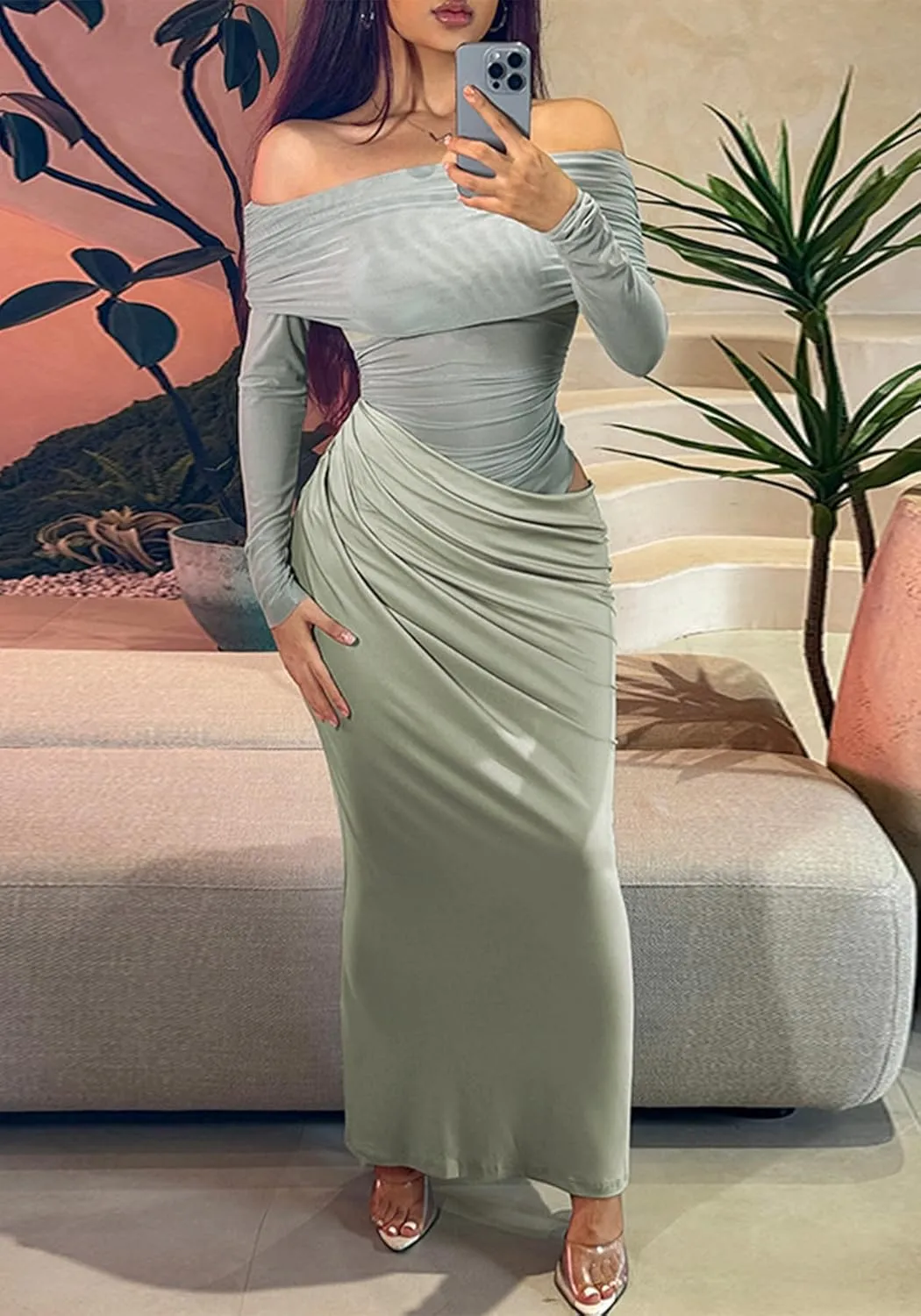 NRTHYE Women Mesh Off Shoulder Dress Sexy See Through Long Sleeve Cut Out Bodycon Elegant Ruched Maxi Dresses