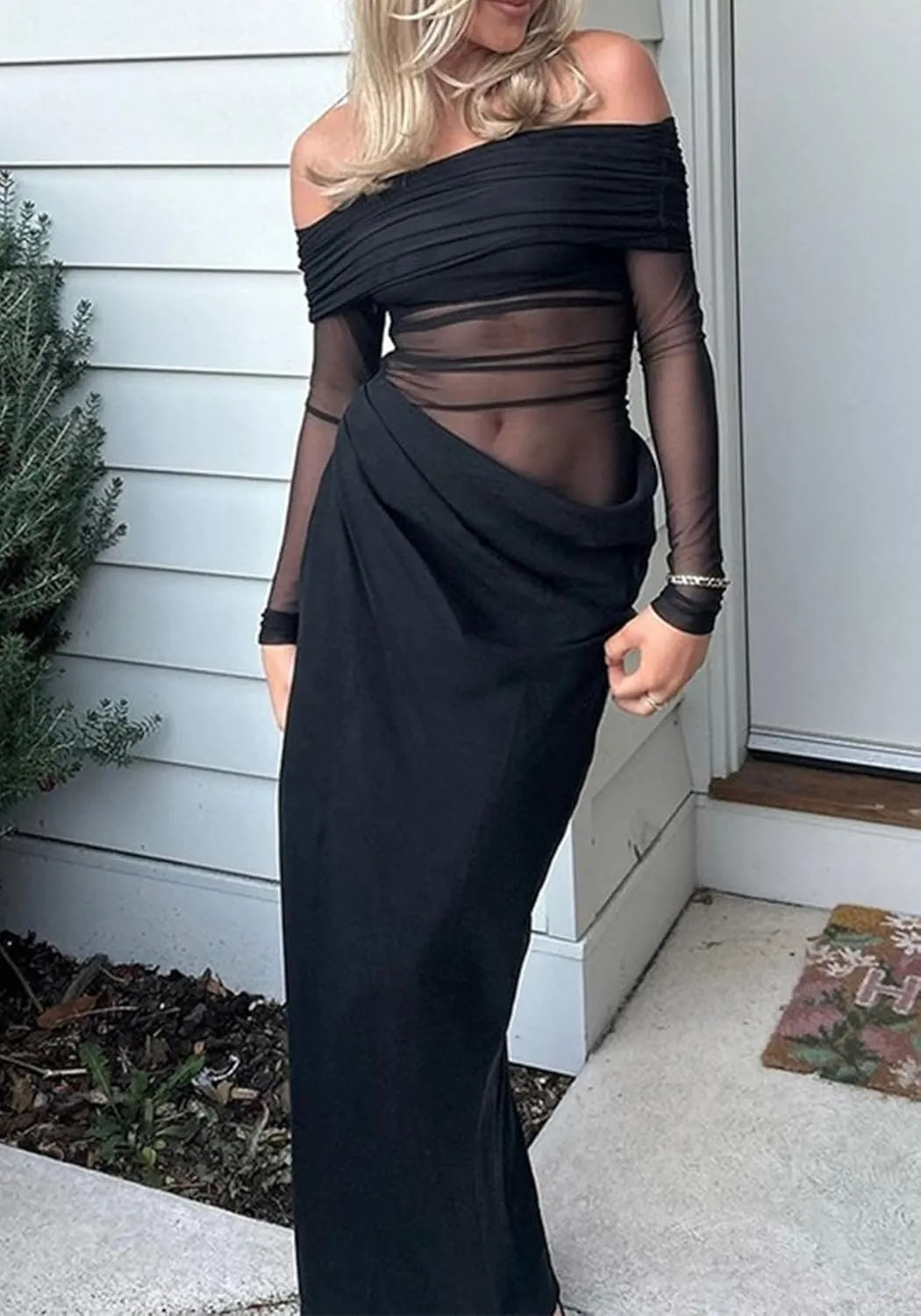 NRTHYE Women Mesh Off Shoulder Dress Sexy See Through Long Sleeve Cut Out Bodycon Elegant Ruched Maxi Dresses