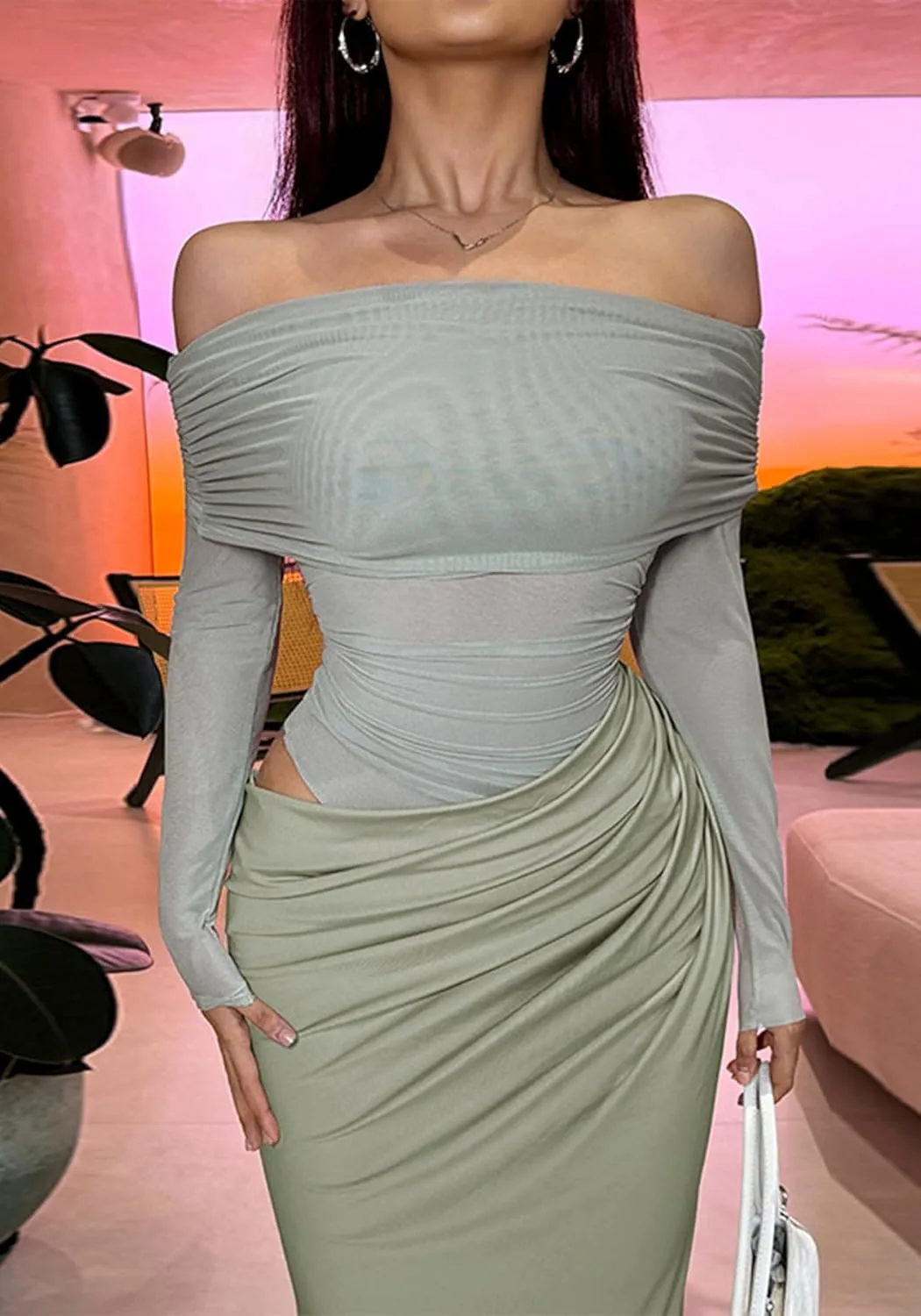 NRTHYE Women Mesh Off Shoulder Dress Sexy See Through Long Sleeve Cut Out Bodycon Elegant Ruched Maxi Dresses