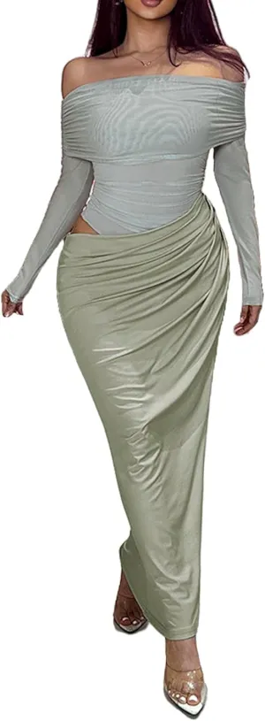 NRTHYE Women Mesh Off Shoulder Dress Sexy See Through Long Sleeve Cut Out Bodycon Elegant Ruched Maxi Dresses
