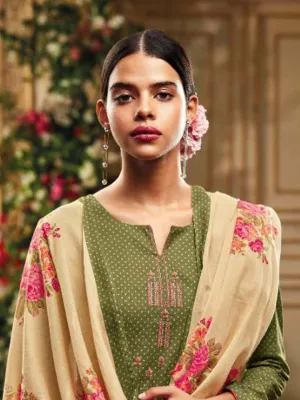 Olive Green Superior Cotton Printed Unstitched Suit With Floral Dupatta & Embroidery