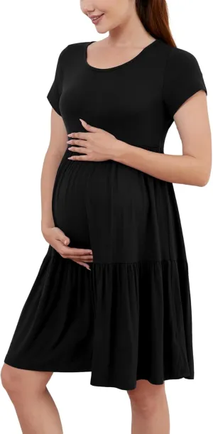 PARNIXS Women's Summer Short Sleeve Maternity Dress Patchwork Pregnancy Clothes