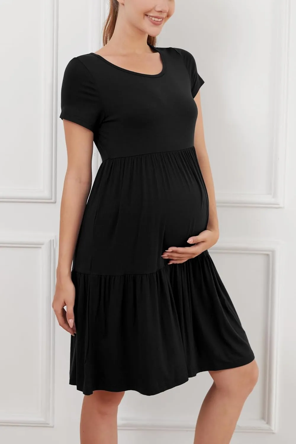 PARNIXS Women's Summer Short Sleeve Maternity Dress Patchwork Pregnancy Clothes