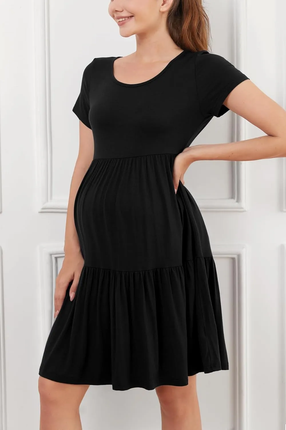 PARNIXS Women's Summer Short Sleeve Maternity Dress Patchwork Pregnancy Clothes