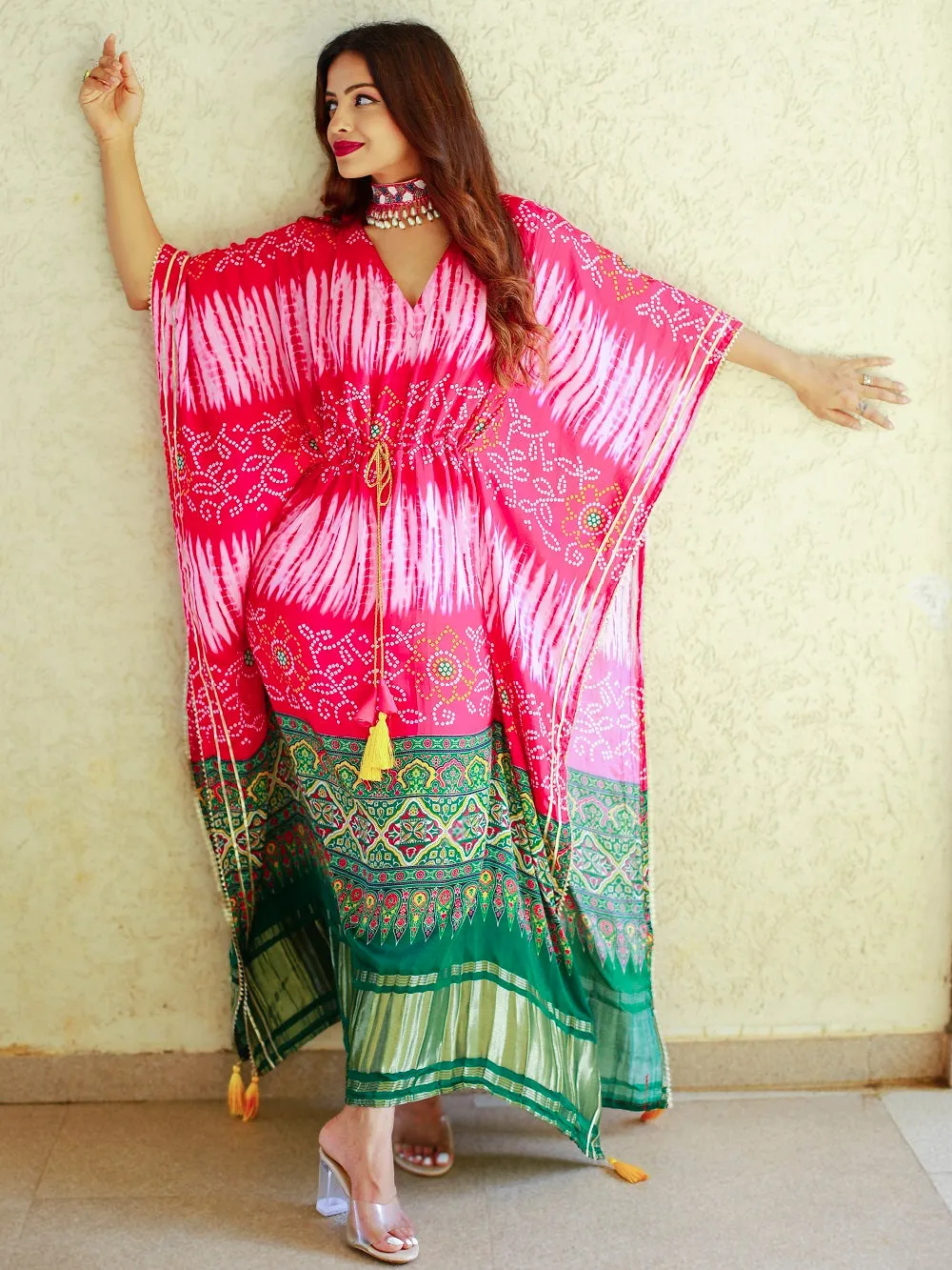 Pink Color Digital bandhej Printed Pure Gaji Silk Kaftan Dress