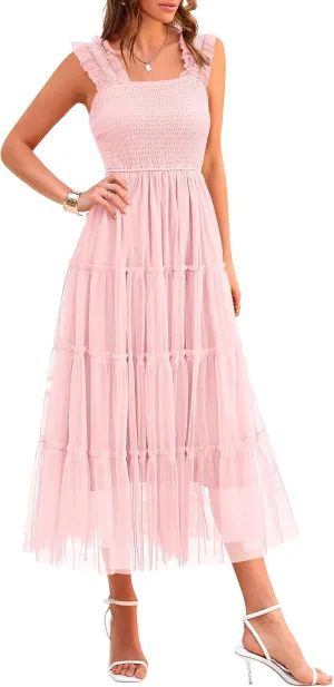 PRETTYGARDEN Women's Summer Tulle Midi Dress Sleeveless Smocked Ruffle Mesh Flowy Dresses Party Wedding Guest Sundress