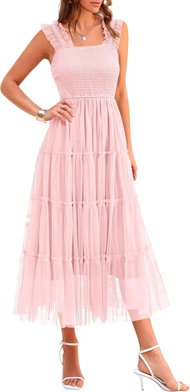PRETTYGARDEN Women's Summer Tulle Midi Dress Sleeveless Smocked Ruffle Mesh Flowy Dresses Party Wedding Guest Sundress