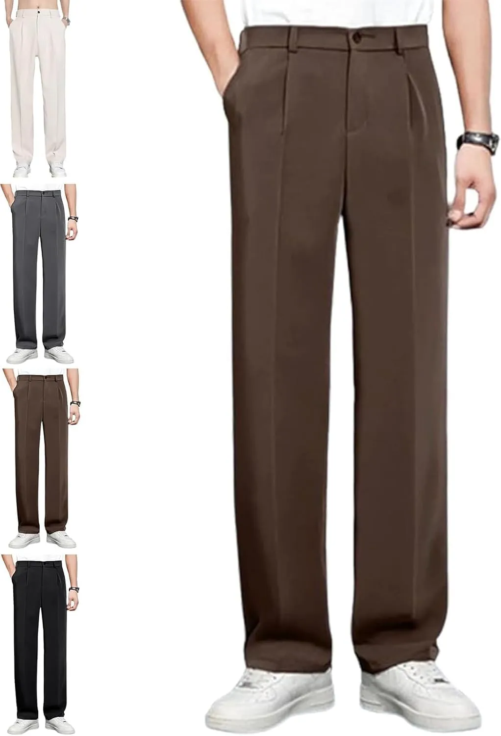 Pulisa Mens Pants, Easemotions - Super Stretch Ice Silk Comfort Everyday Pants, Relaxed Fit Straight Leg Dress Trousers