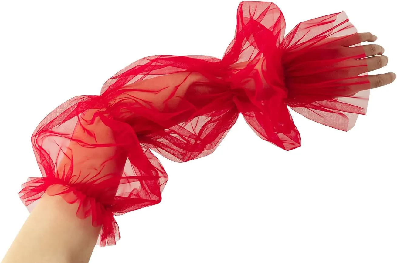 QRBTSCL Women's Long Tulle Gloves Lace Semi Sheer Puffy Sleeves Fingerless Gloves Sunscreen Dress Costume Accessory