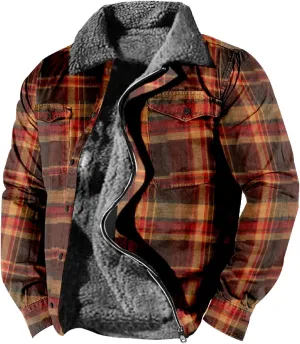 QWENTMTNTY Men Fleece Lined Sherpa Jacket Western Plaid Flannel Jackets Zip Up Big & Tall Thickened Thermal Heavyweight Coat