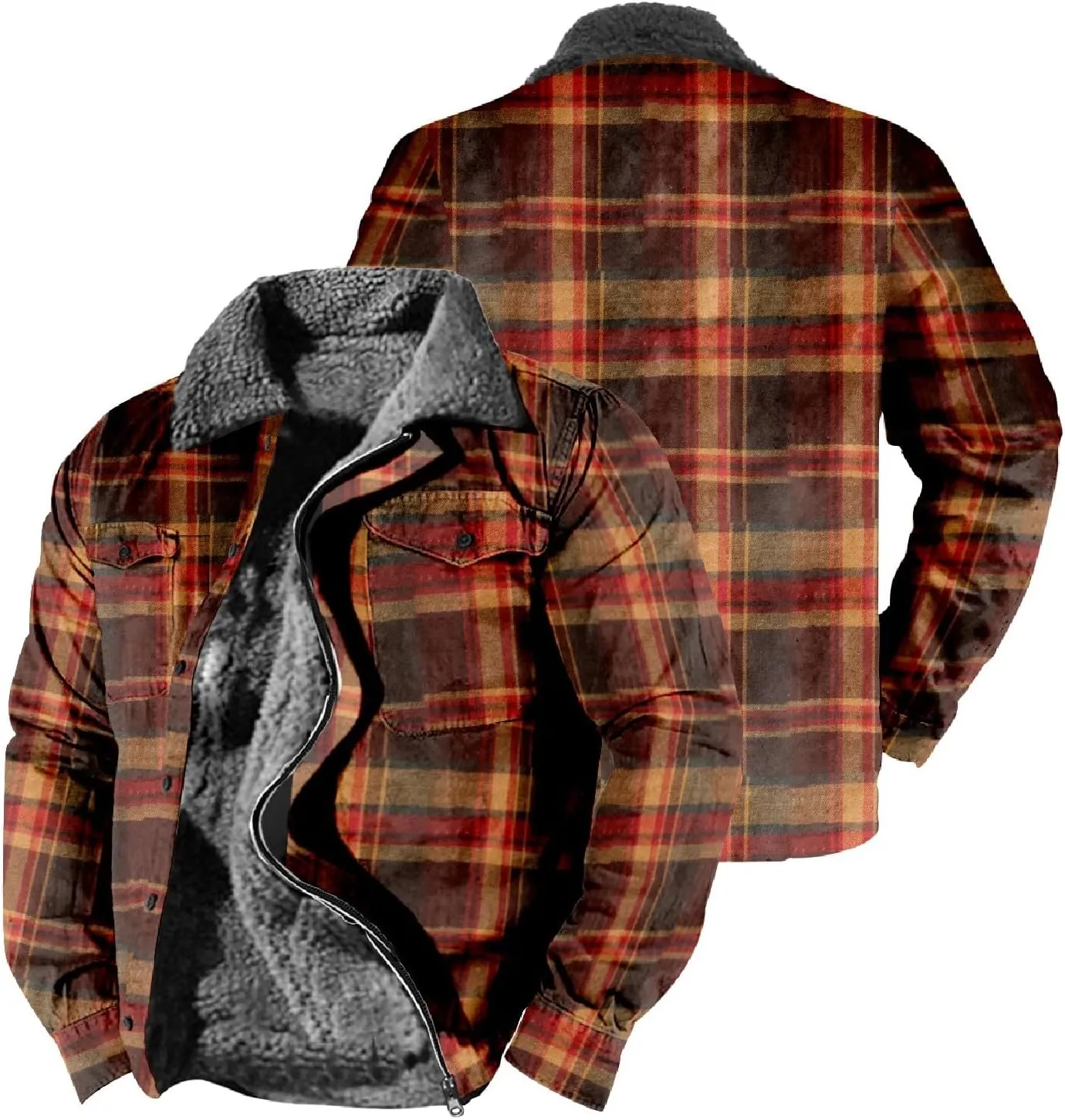 QWENTMTNTY Men Fleece Lined Sherpa Jacket Western Plaid Flannel Jackets Zip Up Big & Tall Thickened Thermal Heavyweight Coat