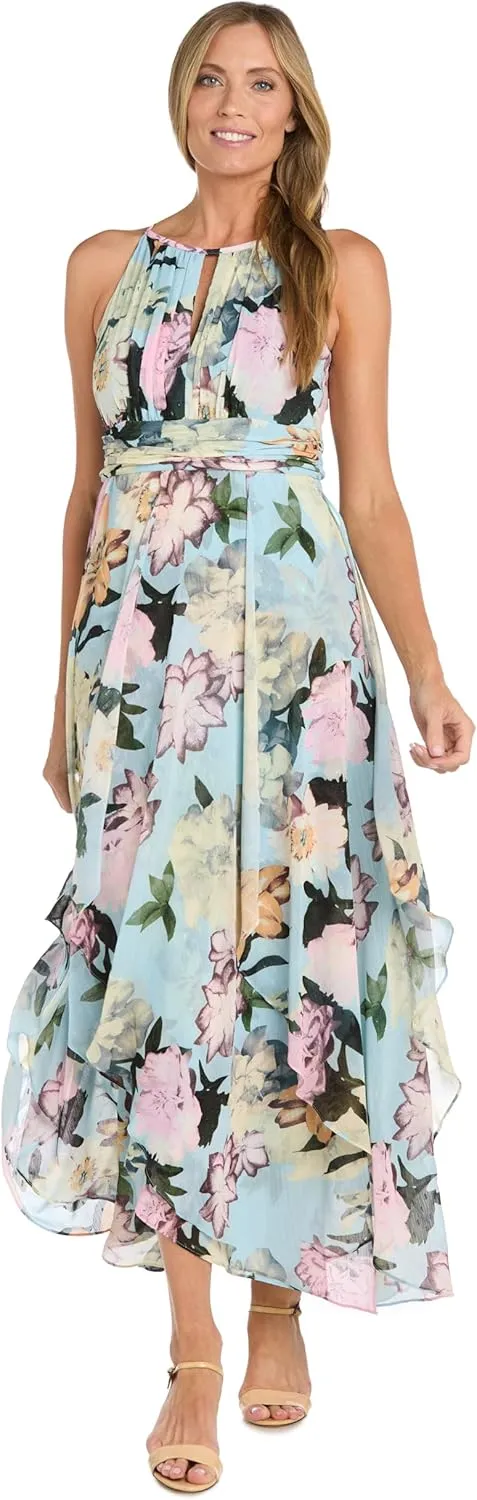 R&M Richards Women's Aqua Bloom Hankie-Hem Maxi Dress