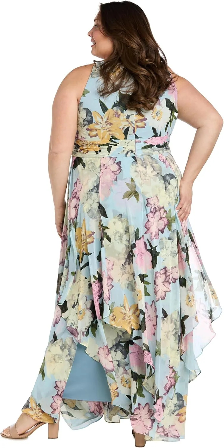 R&M Richards Women's Aqua Bloom Hankie-Hem Maxi Dress
