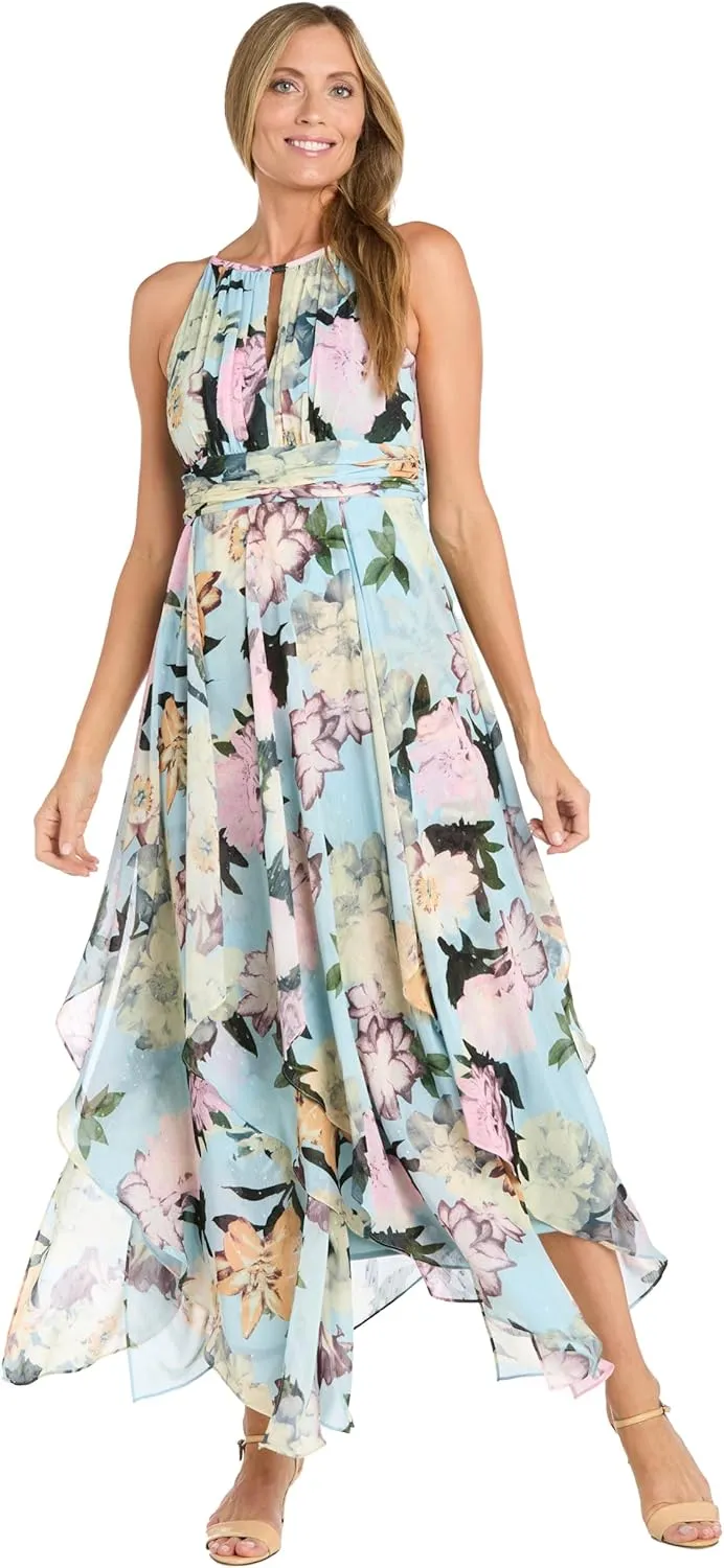 R&M Richards Women's Aqua Bloom Hankie-Hem Maxi Dress