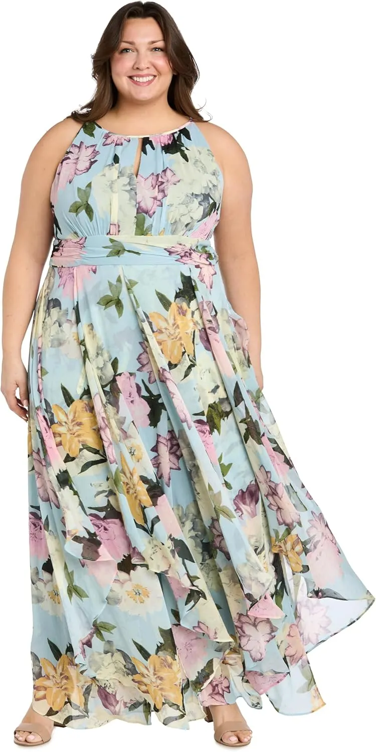 R&M Richards Women's Aqua Bloom Hankie-Hem Maxi Dress