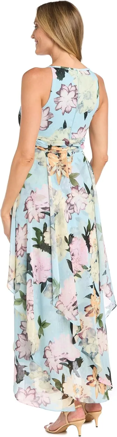 R&M Richards Women's Aqua Bloom Hankie-Hem Maxi Dress
