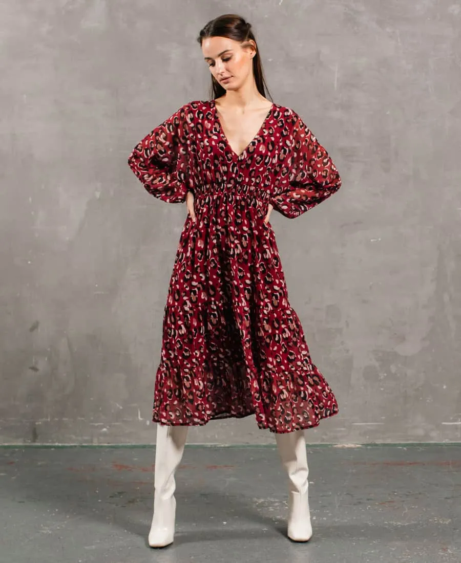 Red Leopard Tiered Chiffon Midi Dress