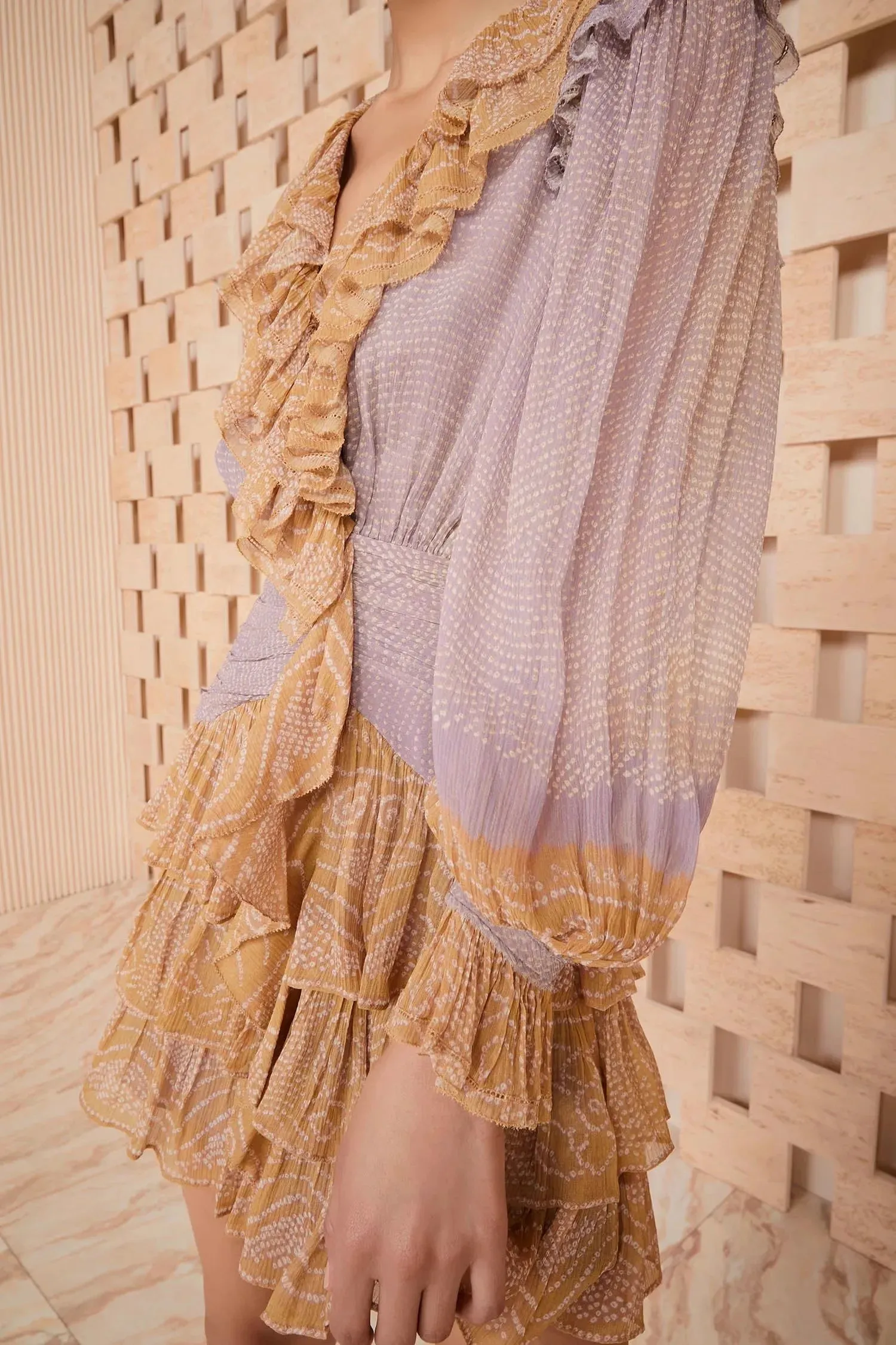 Ruffled Deep V-neck Short Delicate Silk Dress