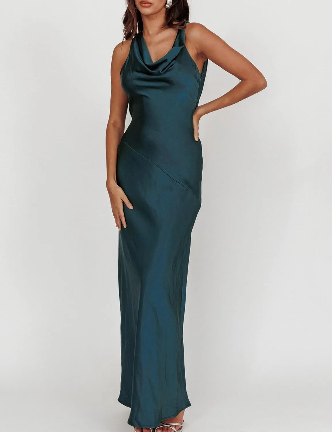 Satin Cowl Neck Sleeveless Backless Maxi Wedding Guest Dress Silk Open Back Tie Back Prom Formal Dresses for Women 2025