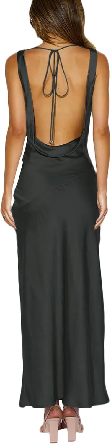 Satin Cowl Neck Sleeveless Backless Maxi Wedding Guest Dress Silk Open Back Tie Back Prom Formal Dresses for Women 2025
