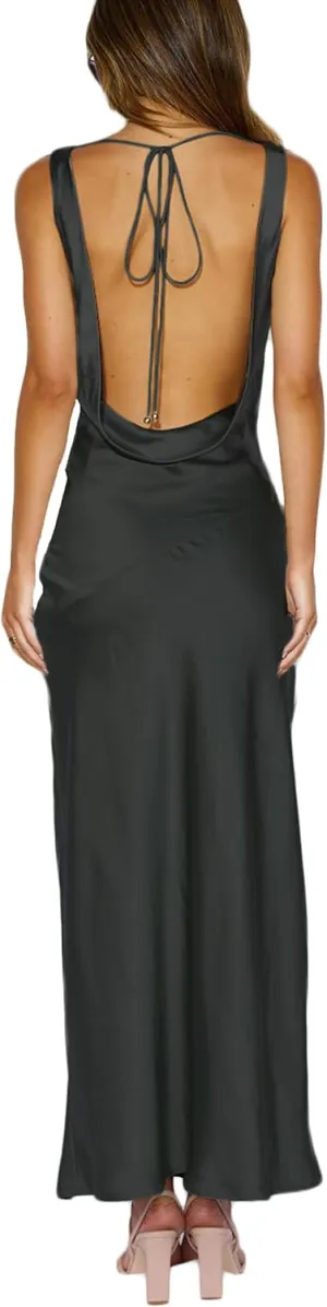 Satin Cowl Neck Sleeveless Backless Maxi Wedding Guest Dress Silk Open Back Tie Back Prom Formal Dresses for Women 2025