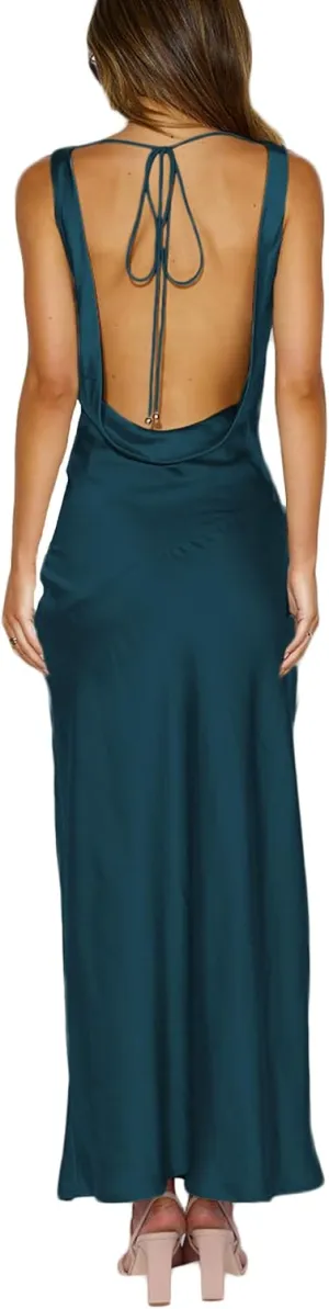 Satin Cowl Neck Sleeveless Backless Maxi Wedding Guest Dress Silk Open Back Tie Back Prom Formal Dresses for Women 2025