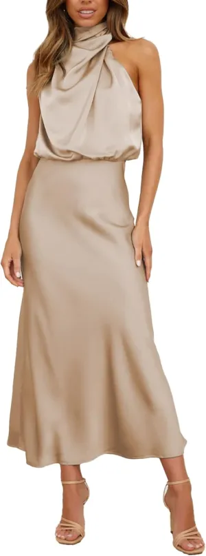 Sexyshine Women's Elegant Halter Tie Neck Sleeveless Satin Long Dress Backless Split Cocktail Party Formal Wedding Maxi Dress