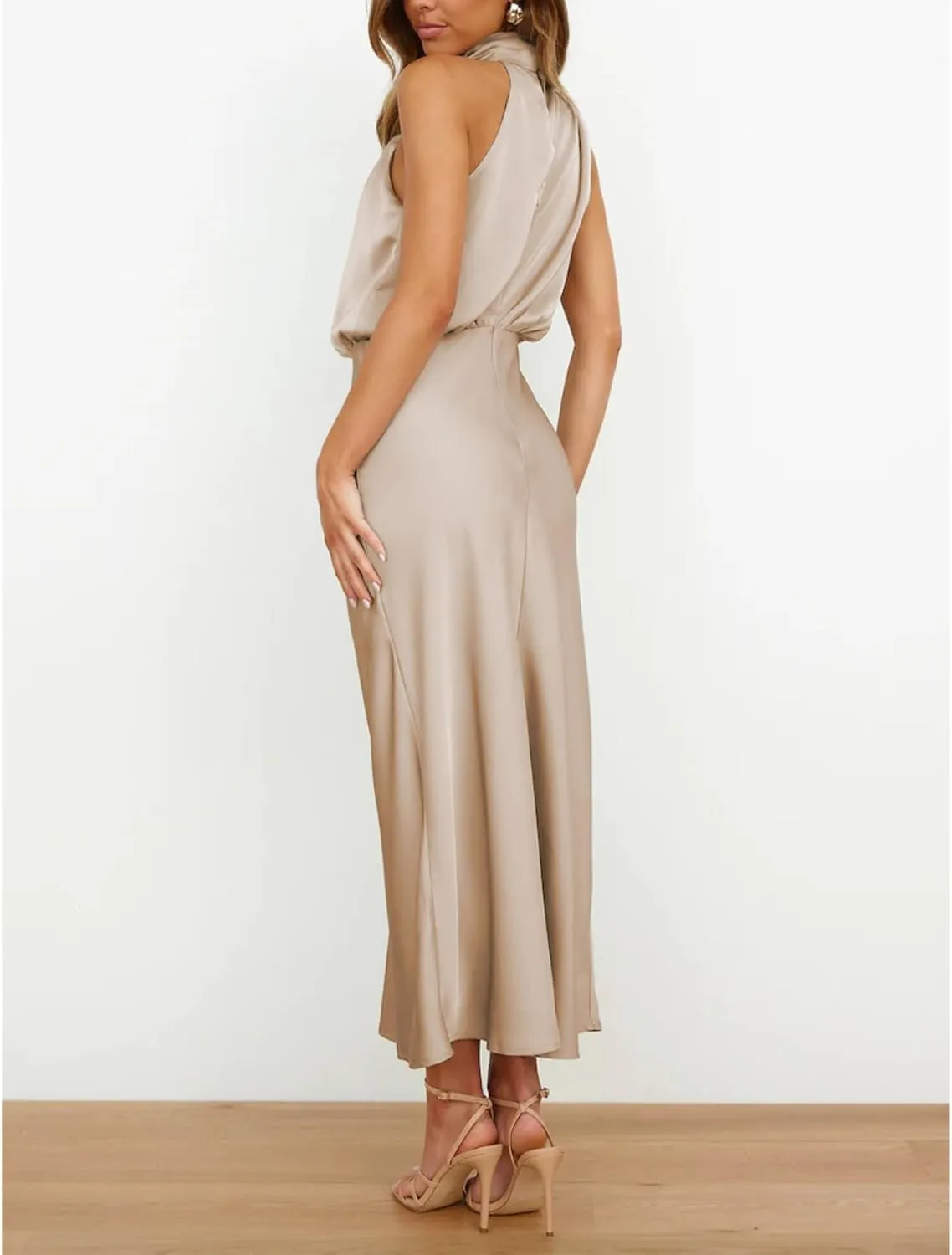 Sexyshine Women's Elegant Halter Tie Neck Sleeveless Satin Long Dress Backless Split Cocktail Party Formal Wedding Maxi Dress