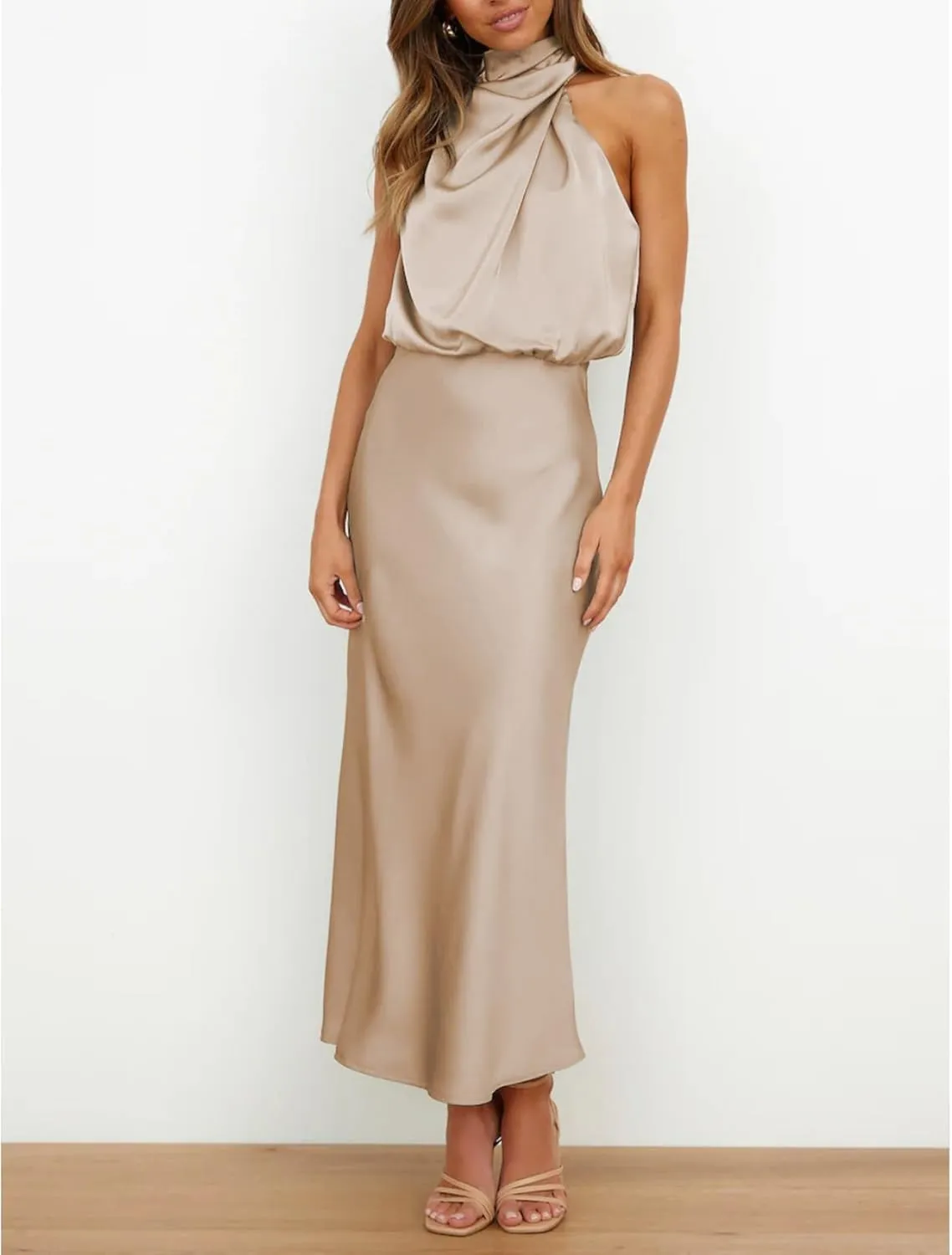 Sexyshine Women's Elegant Halter Tie Neck Sleeveless Satin Long Dress Backless Split Cocktail Party Formal Wedding Maxi Dress