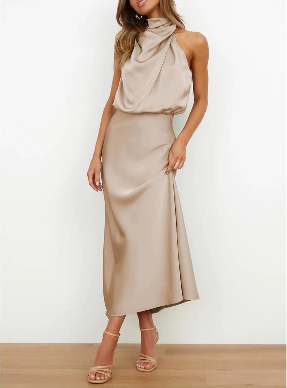 Sexyshine Women's Elegant Halter Tie Neck Sleeveless Satin Long Dress Backless Split Cocktail Party Formal Wedding Maxi Dress