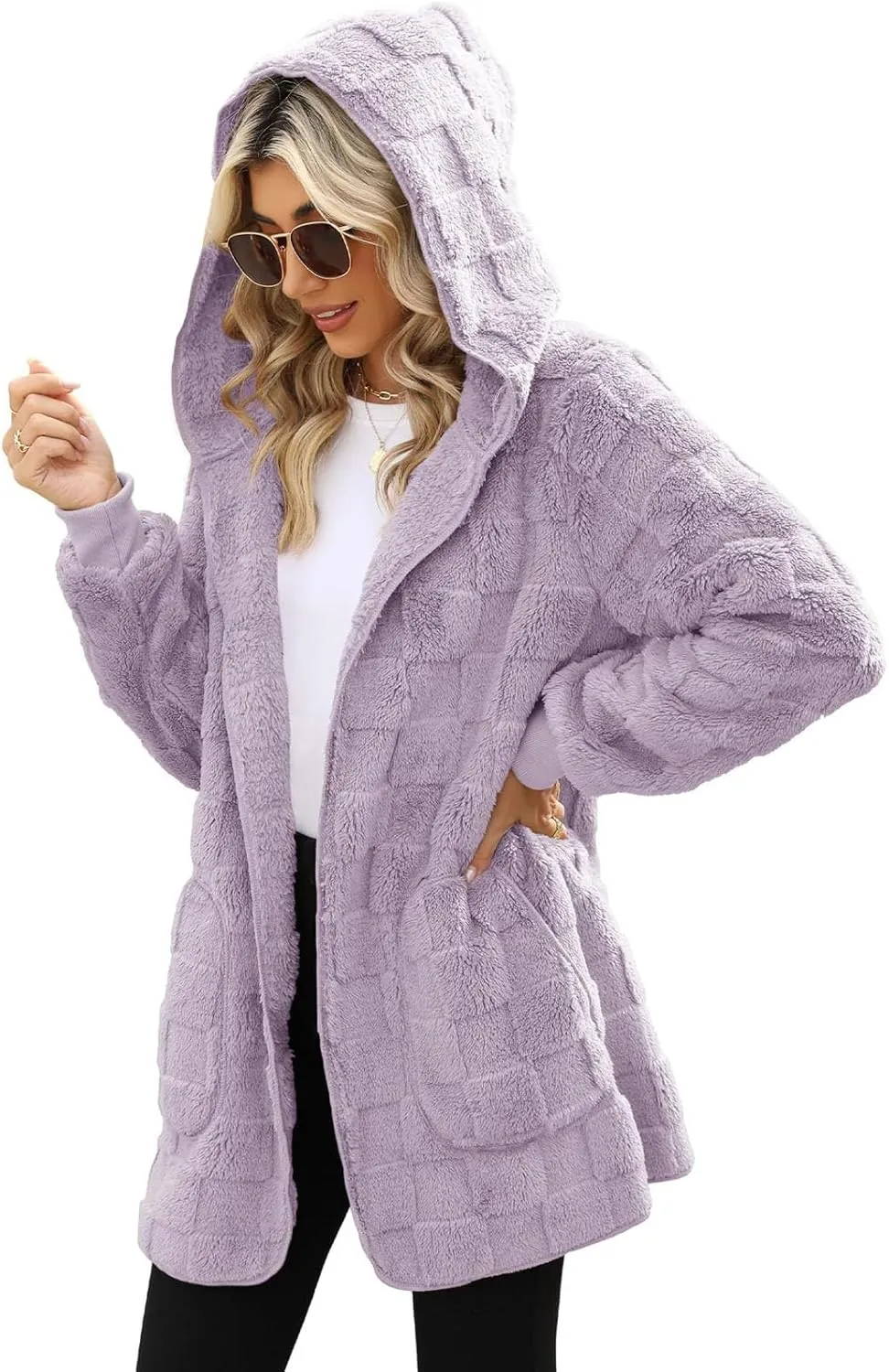 Sherpa Jacket Women Fuzzy Open Front Fleece Lined Jackets Soft Warm Hooded Cardigan Sweater Winter Coat with Pockets