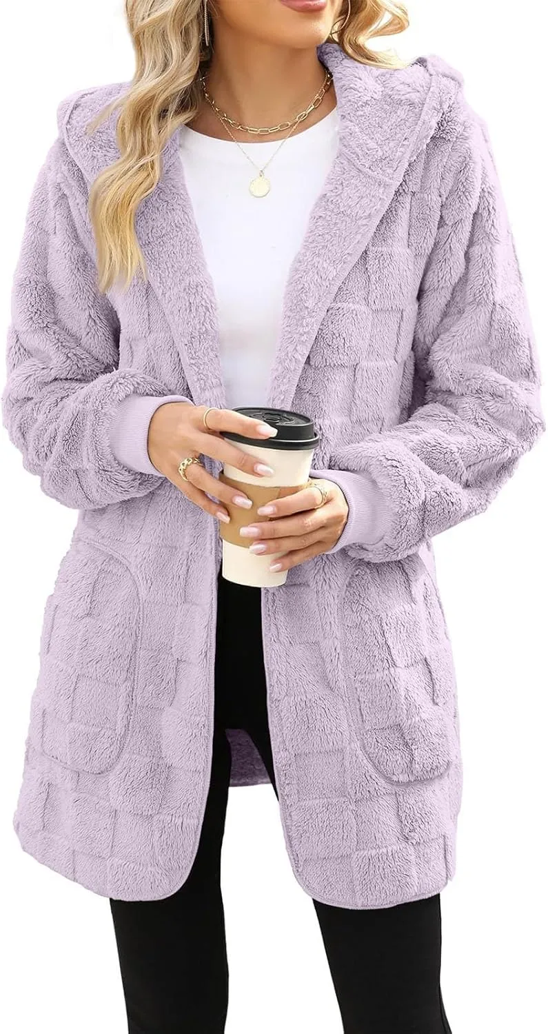 Sherpa Jacket Women Fuzzy Open Front Fleece Lined Jackets Soft Warm Hooded Cardigan Sweater Winter Coat with Pockets