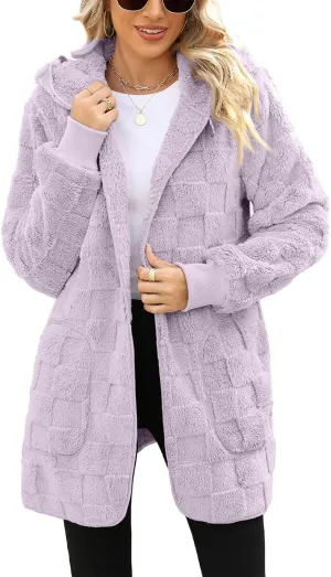 Sherpa Jacket Women Fuzzy Open Front Fleece Lined Jackets Soft Warm Hooded Cardigan Sweater Winter Coat with Pockets