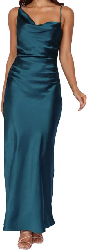 Summer Satin Maxi Dresses for Women 2025 Cowl Neck Ruched Silk Formal Wedding Guest Bridesmaid Slip Dress with Slit