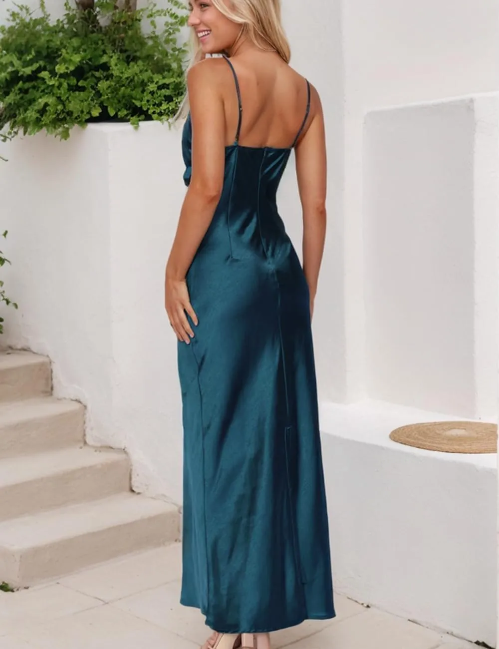Summer Satin Maxi Dresses for Women 2025 Cowl Neck Ruched Silk Formal Wedding Guest Bridesmaid Slip Dress with Slit