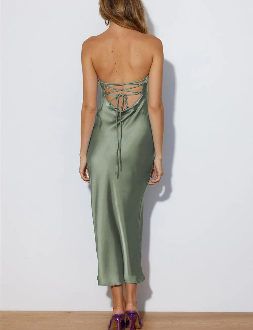 Summer Satin Strapless Backless Wedding Guest Midi Dress for Women Elegant Tube Top Sleeveless Tie Back Maxi Dresses