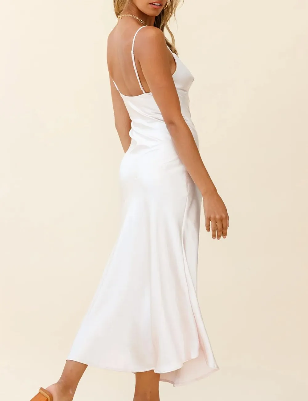 Summer Satin V Neck Silp Midi Dress for Women Wedding Guest 2025 Sexy Spaghetti Strap Backless Long Dresses with Slit