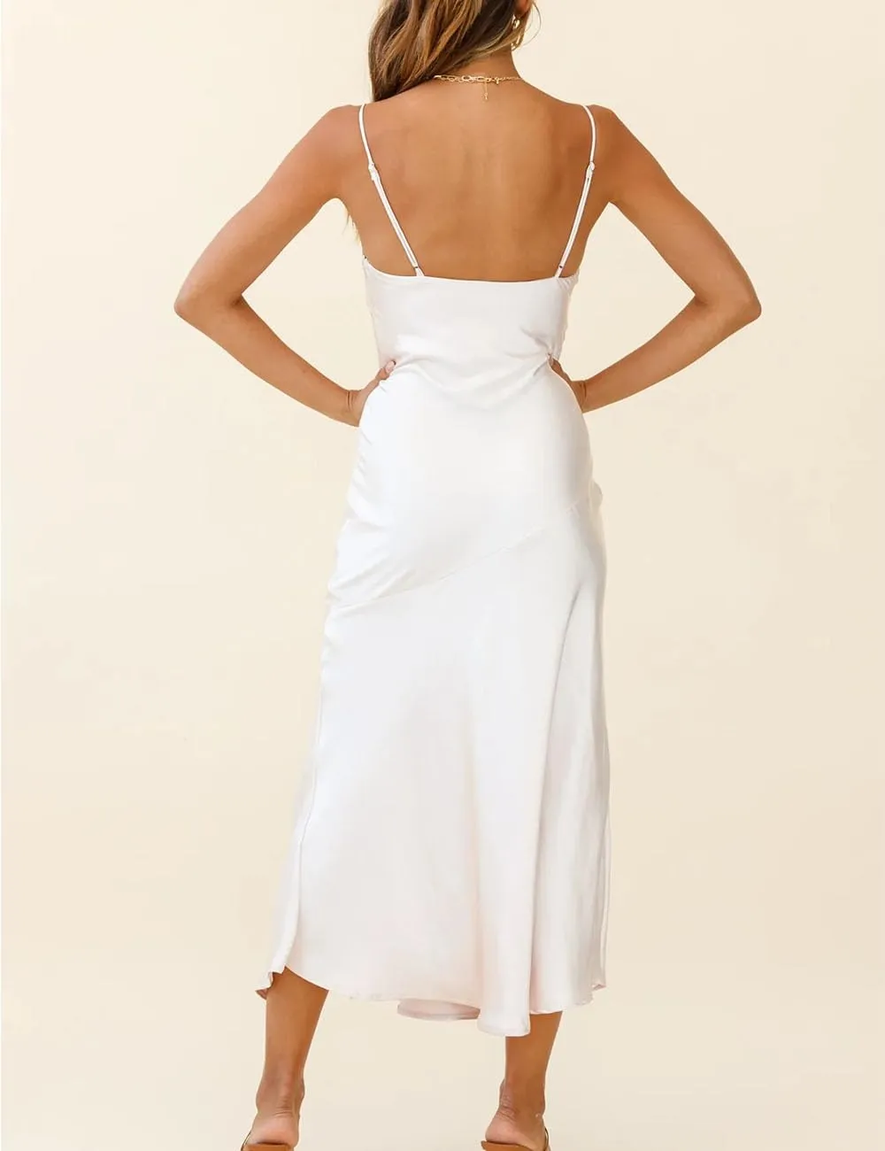 Summer Satin V Neck Silp Midi Dress for Women Wedding Guest 2025 Sexy Spaghetti Strap Backless Long Dresses with Slit