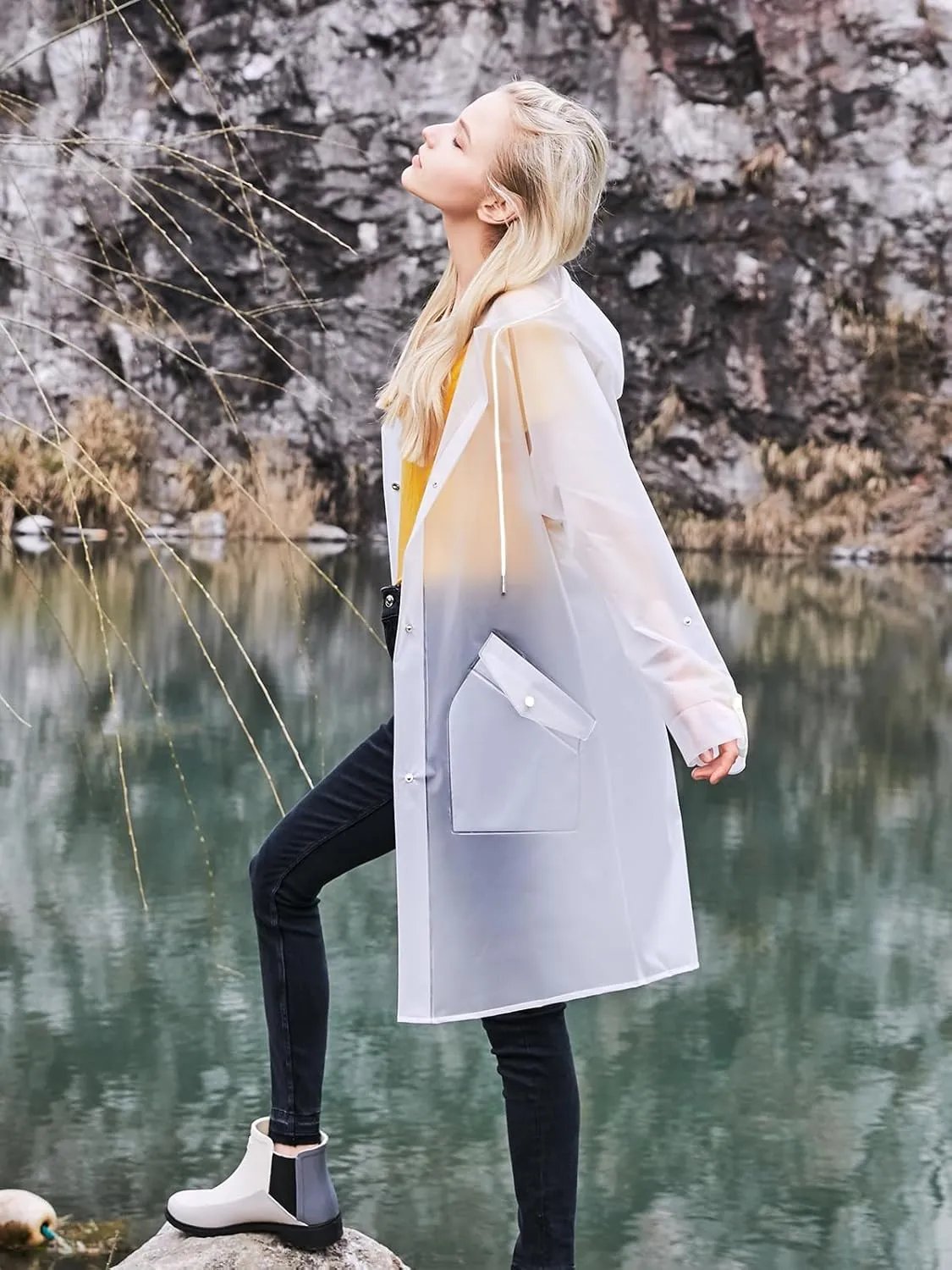 TPU Clear Rain Coat for Women - Waterproof Packable Fashion Rain Poncho with Hood Reusable Raincoat