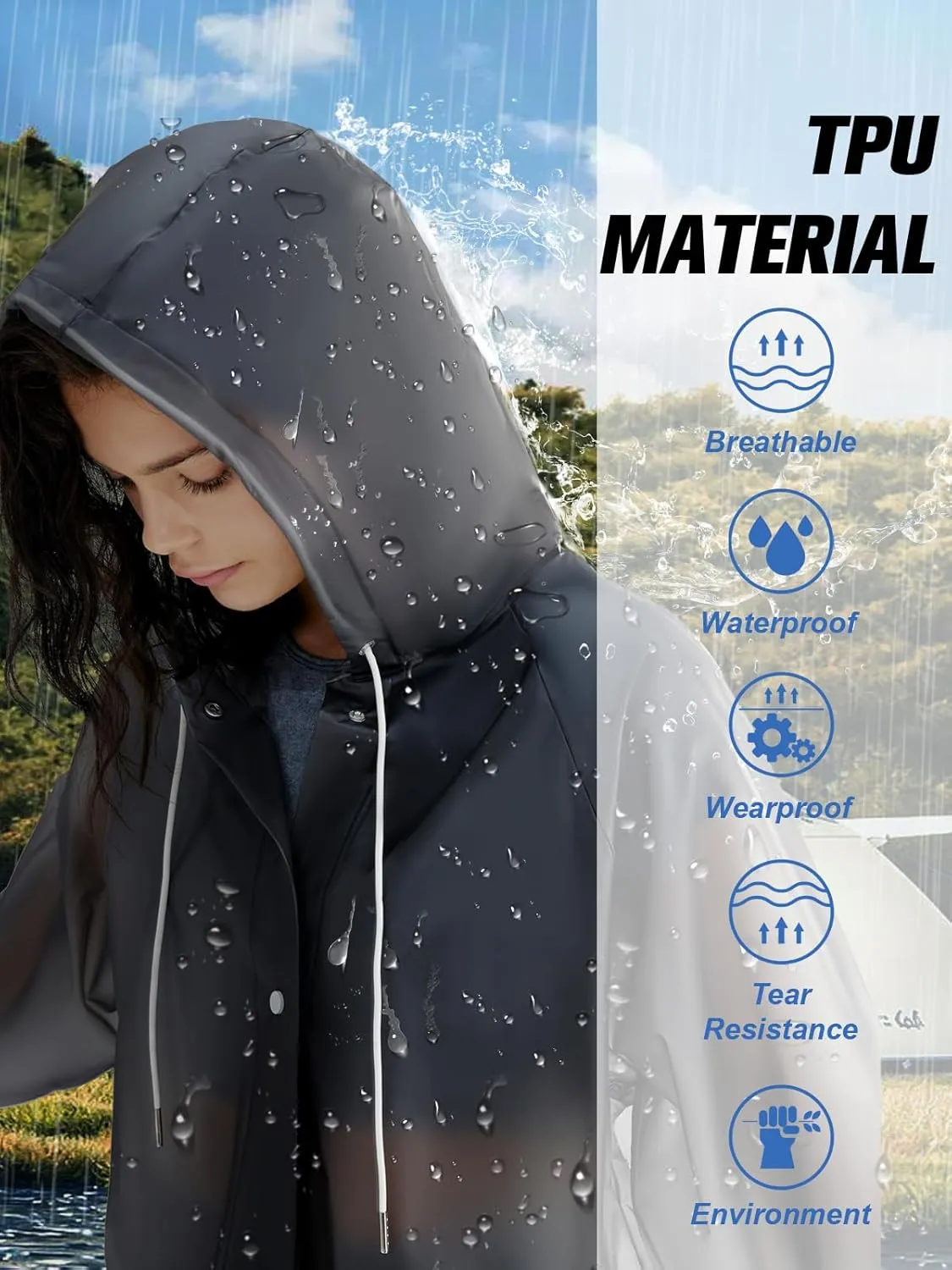 TPU Clear Rain Coat for Women - Waterproof Packable Fashion Rain Poncho with Hood Reusable Raincoat